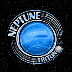 Vector logo for Neptune, decorative fantasy print with rotating planet neptune and many moons, gas windy surface, cosmo sign with unique lettering for text neptune and triton on dark starry background © mihmihmal