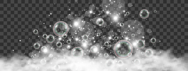 Air bubbles on a transparent background. Soap foam vector illustration.
