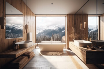 Bright and modern bathroom with large windows offering breathtaking views of the Alps. Generative AI