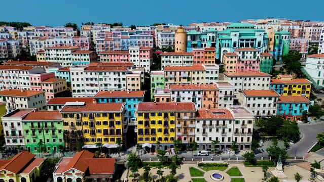 Aerial 4K footage of Sunset town in Phu Quoc island, Vietnam. Fast being developed European city copy. Amazing future resort, Kien Giang province