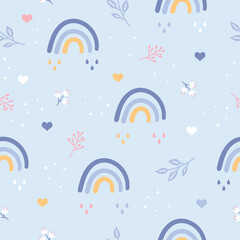 Childish seamless vector pattern with cute rainbow and  plant elements. Vector childish illustration background for fabric, textile.