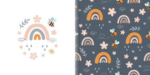 Seamless pattern with cute bee and rainbow. Flower and leaf elements. Kids vector illustration design for fabric, wrapping, textile, wallpaper, apparel