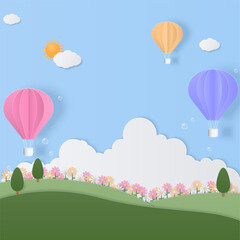 Pastel hot air balloon with cloud and meadow background