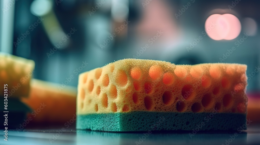 Poster a close up of a sponge on a counter top with a blurry background. generative ai