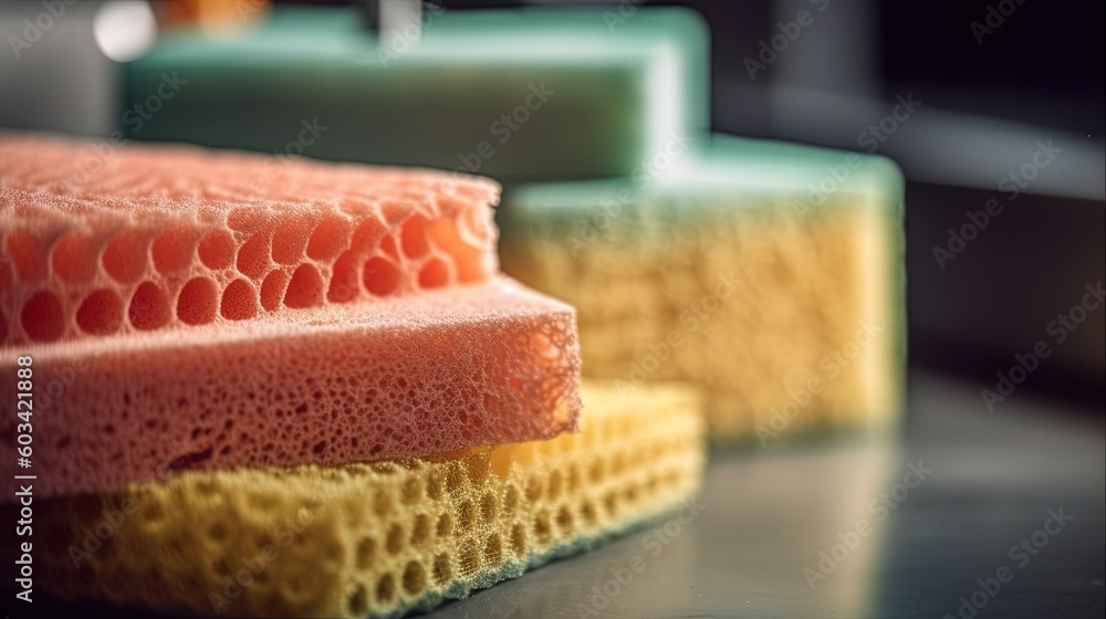 Poster a close up of sponges on a table with a mirror in the background. generative ai