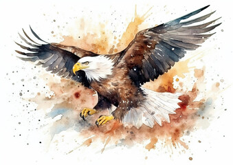 Watercolor abstract illustration of American bald eagle.American bald eagle in action colorful paint splash, isolated on white background.Generative AI.