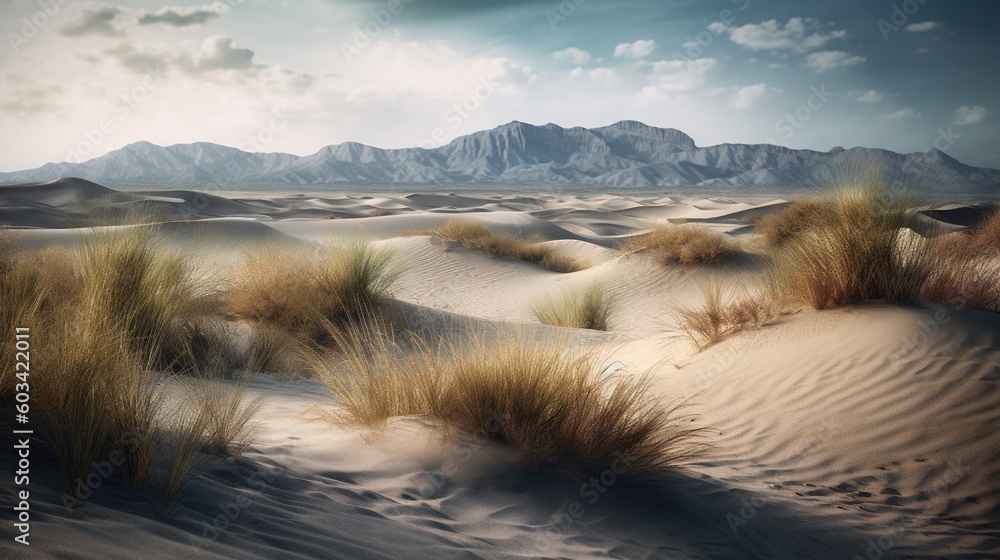 Poster a desert landscape with a mountain range in the background and grass in the foreground. generative a
