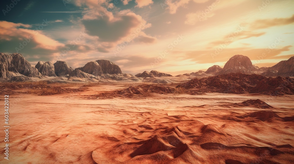 Poster a computer generated image of a desert with mountains in the background. generative ai