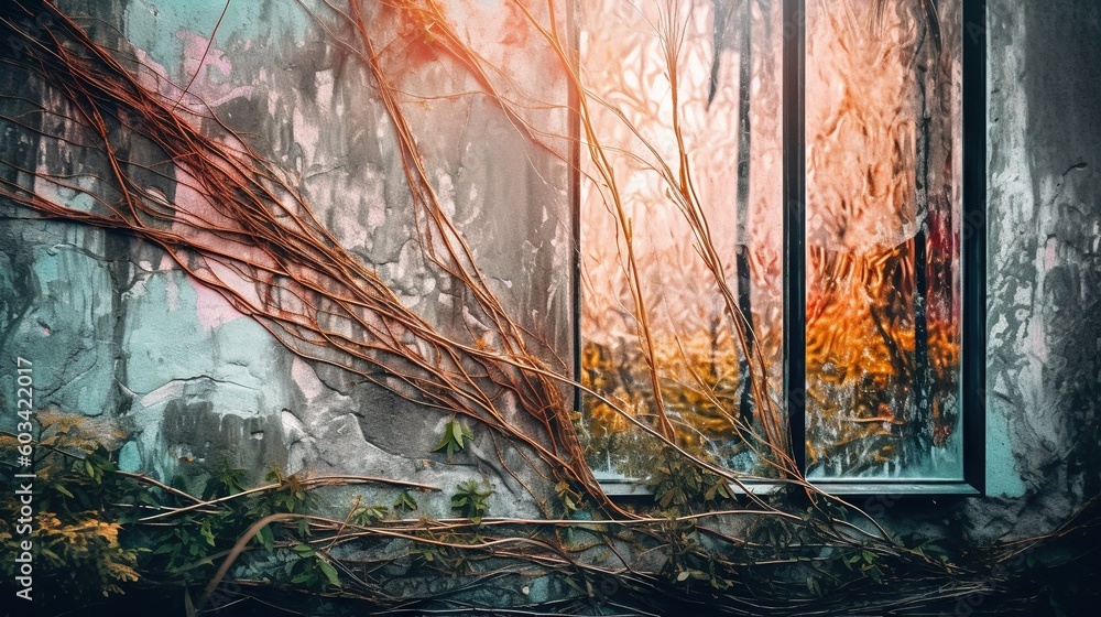 Poster a window with a bunch of branches in front of it. generative ai