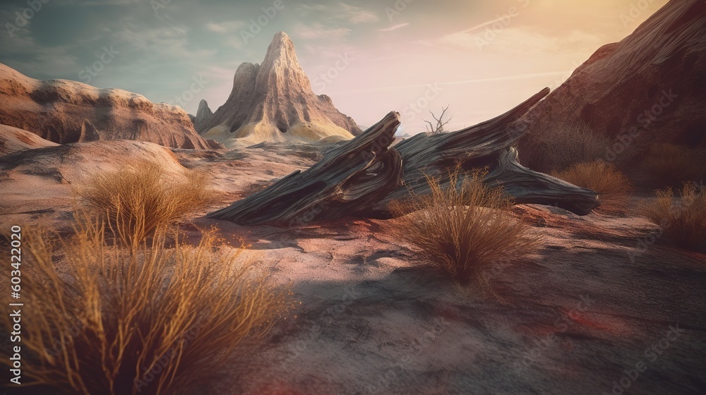 Poster a computer generated image of a desert with a mountain in the background. generative ai