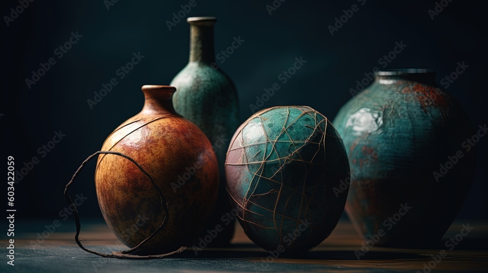 Poster a group of three vases sitting on top of a table. generative ai