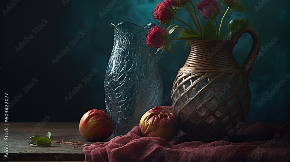 Poster two vases with flowers in them on a table with a cloth. generative ai