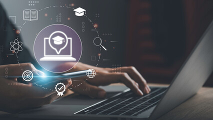 Fototapeta premium Course education online or E-learning concept. Graduate certificate coaching program Study or teaching by video, Virtual Show graduation hat icon, Digital courses develop skills thinking idea.
