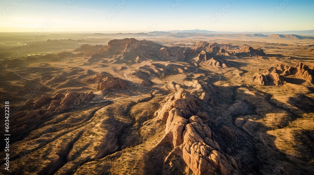 Poster an aerial view of a mountain range with a sky background. generative ai