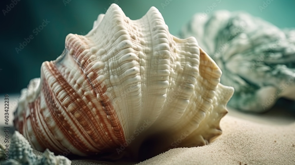 Aufkleber a close up of a sea shell on a beach with other shells. generative ai