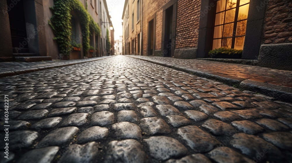 Poster a cobblestone street in a city with a building in the background. generative ai