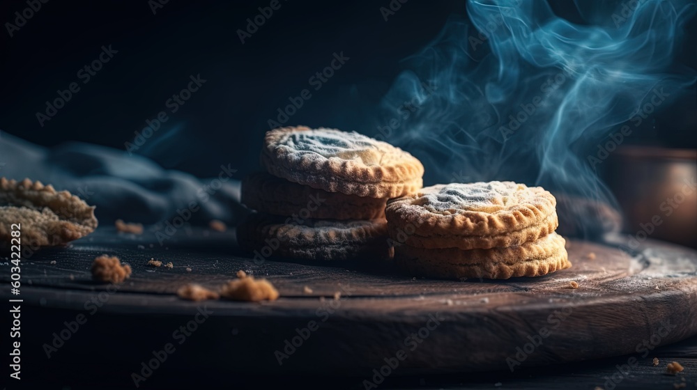 Poster a close up of a plate of cookies on a table. generative ai