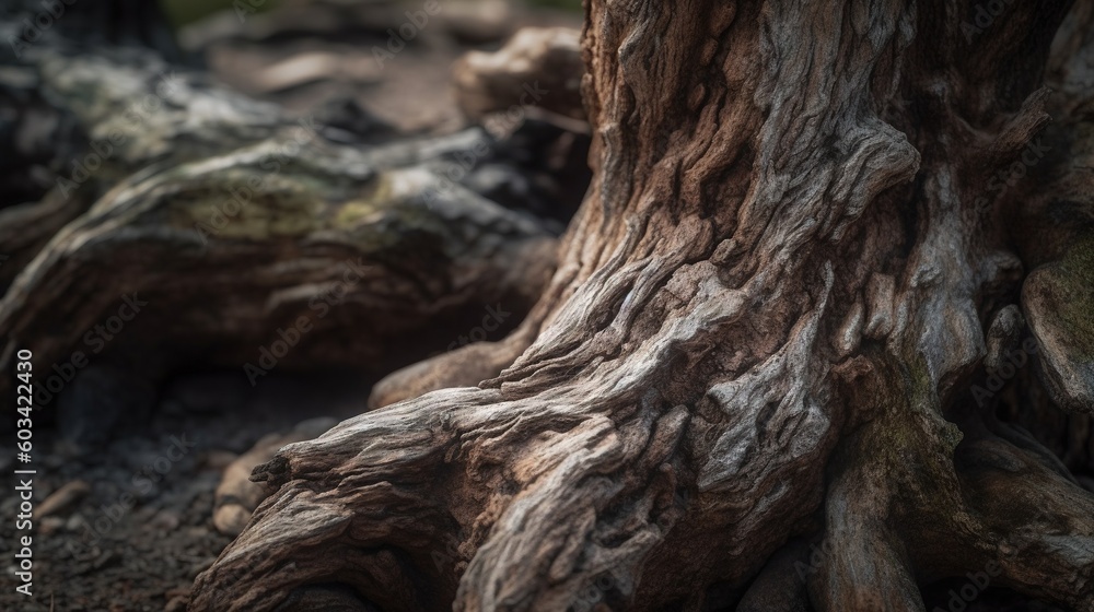 Poster a close up of a tree trunk with moss growing on it. generative ai
