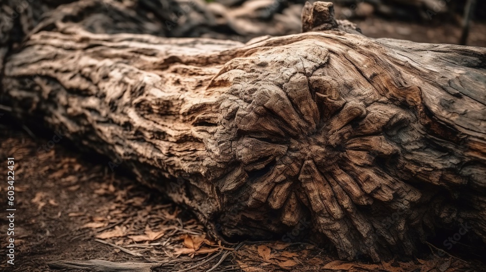 Poster a large tree log laying on the ground in the woods. generative ai