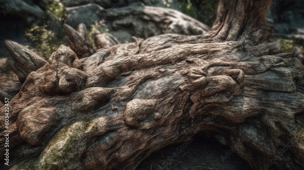 Poster a close up of a tree trunk with moss growing on it. generative ai