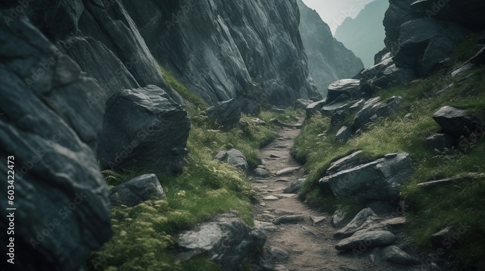Poster a rocky path with grass and rocks on both sides of it. generative ai