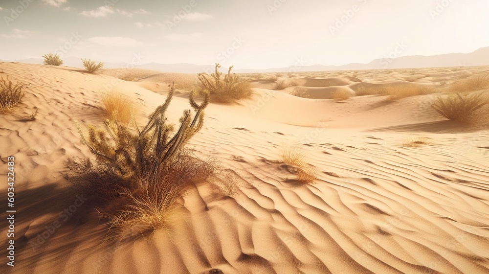 Poster a desert scene with a cactus in the middle of the desert. generative ai