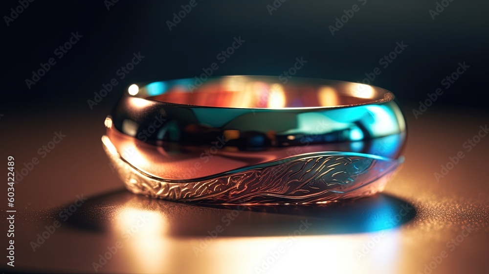 Poster a close up of a ring on a table with a black background. generative ai