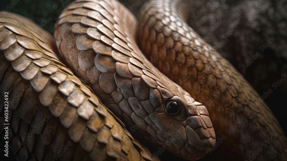 Poster a close up of a snake's head on a tree branch. generative ai