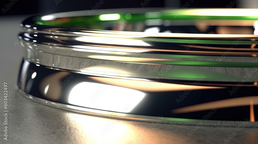 Poster a close up of a shiny metal object on a table. generative ai