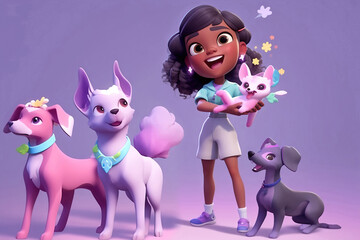 Generative AI picture of full body of delighted Hispanic teenage girl with dark hair in casual clothes smiling brightly while caressing cute fairy cat near colorful dogs against purple background