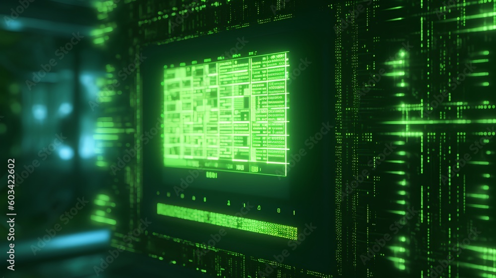 Poster computer screen illuminated by green abstract computing lights. modern digital technology, symbolizi