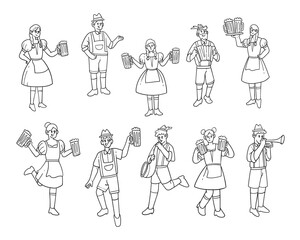 Set of People celebrating Oktoberfest hand-drawn outline sketch illustration