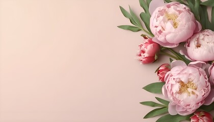 Top view of pink peony flowers and buds on the beige background. Copy space. Generative AI.