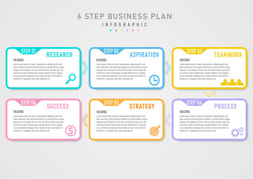 simple infographic template 6 steps business planning to success pastel square arrow direction icon bottom right corner and letters on a white background gray gradient background