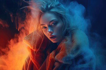 Portrait of a beautiful young woman with bright make-up and smoke in her hair. Generated AI