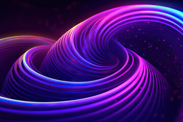 Generative AI illustration of abstract glowing shiny spiral shaped tunnel with bright neon lines in darkness