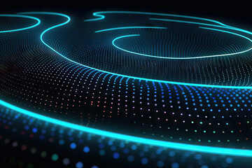 Generative AI illustration of abstract visual background with glowing lights and lines in dark space with illuminated dots