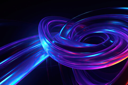 Generative AI illustration of abstract glowing shiny spiral shaped knot with bright neon lines in darkness