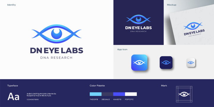 DNA Eye Spiral Labs Ophthalmology Research Abstract Vector Sign Symbol Logo Template. Concept Identity Guide with Modern Typography Realistic Mock Up. Optics Biotechnology Emblem Isolated