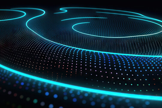 Generative AI illustration of abstract visual background with glowing lights and lines in dark space with illuminated dots