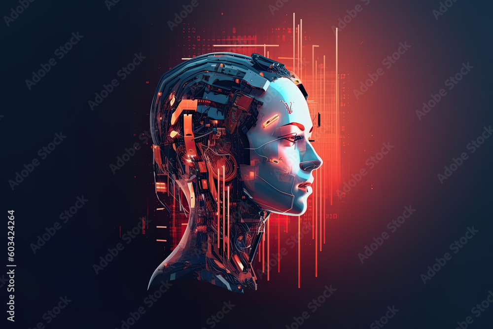 Poster artificial intelligence and humanoid head with neural network, quantum computing, advanced robotics,