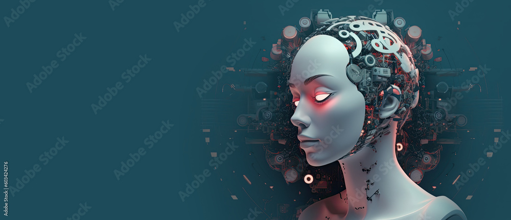 Poster artificial intelligence and humanoid head with neural network, quantum computing, advanced robotics,