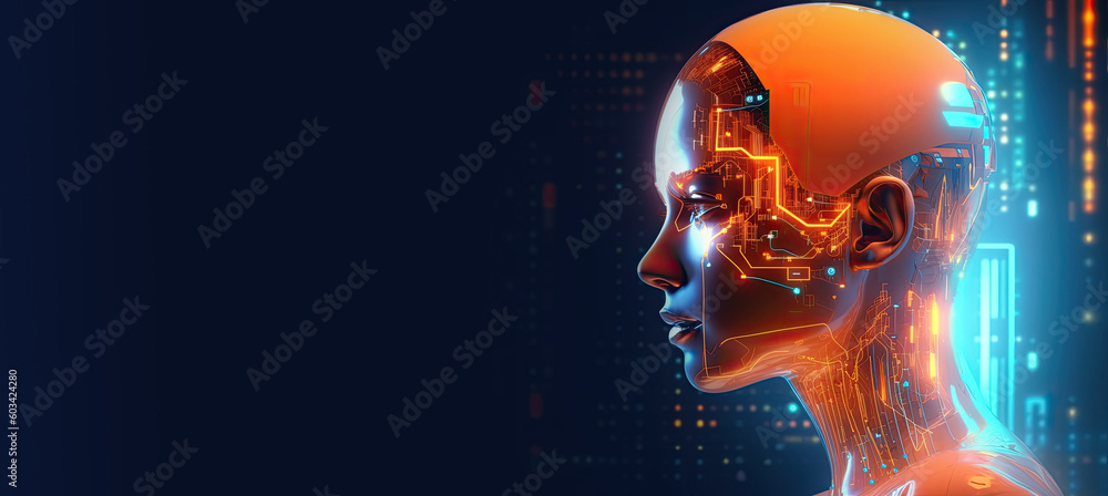 Poster artificial intelligence and humanoid head with neural network, quantum computing, advanced robotics,