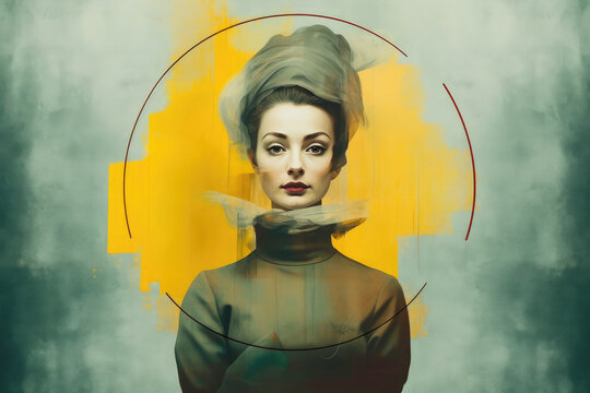 Surrealism painting of woman with bright makeup looking at camera over wall with yellow brush strokes. Generative AI