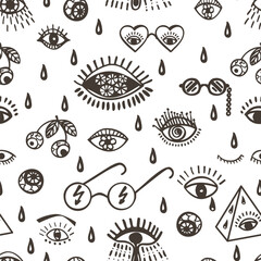 Seamless pattern with groove psychedelic food elements. Retro design of hipster icons. Doodle style graphic. Vintage trippy cartoon. Black white symbols 60 70 80 90 trend vector illustration