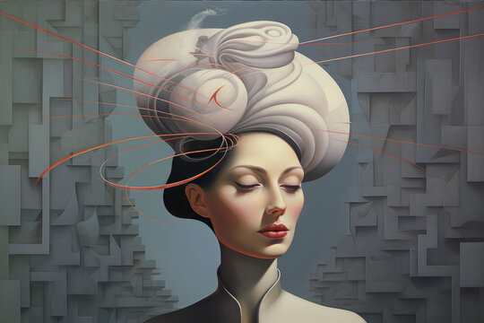 Surrealistic fine art painting of eccentric young woman with bright creative makeup and weird hat while standing against gray background. Generative AI