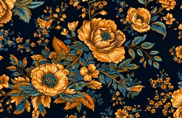 Möbelaufkleber a black and yellow floral pattern in dark navy © Nilima