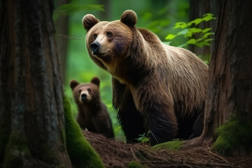 Fototapeta premium Touching Bear Family: Mother and Cubs Bonding in the Forest. Generative AI