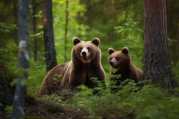 Touching Bear Family: Mother and Cubs Bonding in the Forest. Generative AI