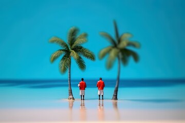 Obraz premium Beach diorama-style with plastic toys, palm trees on a tropical island, sky and water for a summer and vacation feeling, relaxation and happiness. Generative AI.